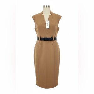 Karen Millen Camel Belted Stealth Dress Size US 8 NWT MIDI Work Office